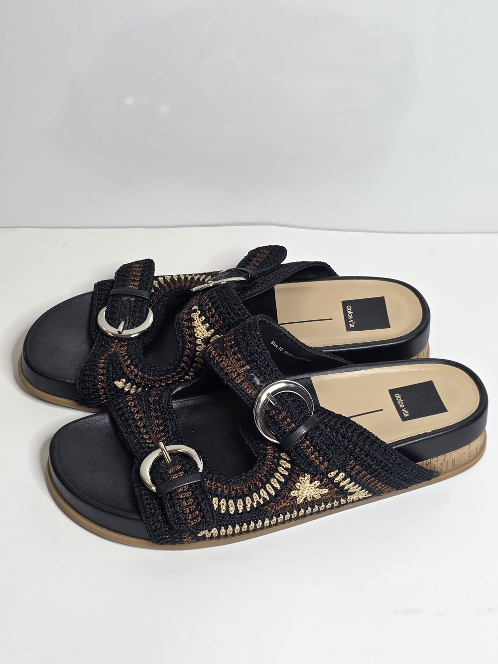 Dolce Vita Black Crochet Slide Sandals with Gold and Brown Accents Size 10
